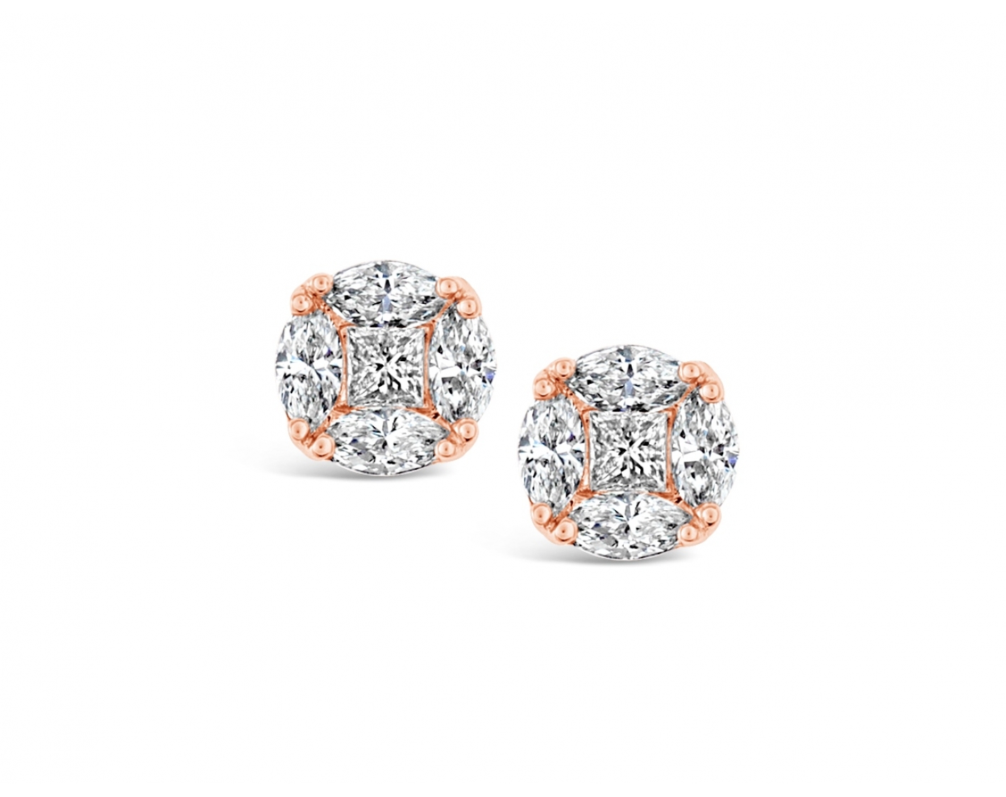 18k rose gold illusion set stud earrings with princess & marquises diamonds