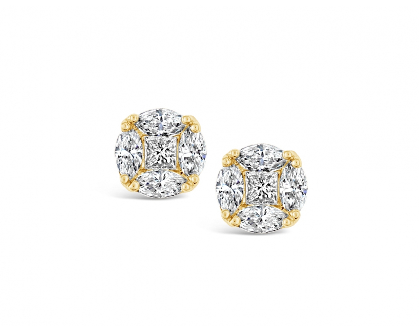 18k yellow gold illusion set stud earrings with princess & marquises diamonds