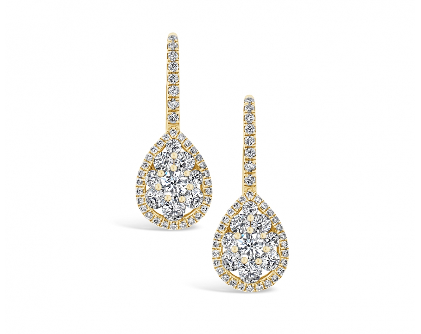18k yellow gold pear shaped illusion set diamond earrings with round upstones