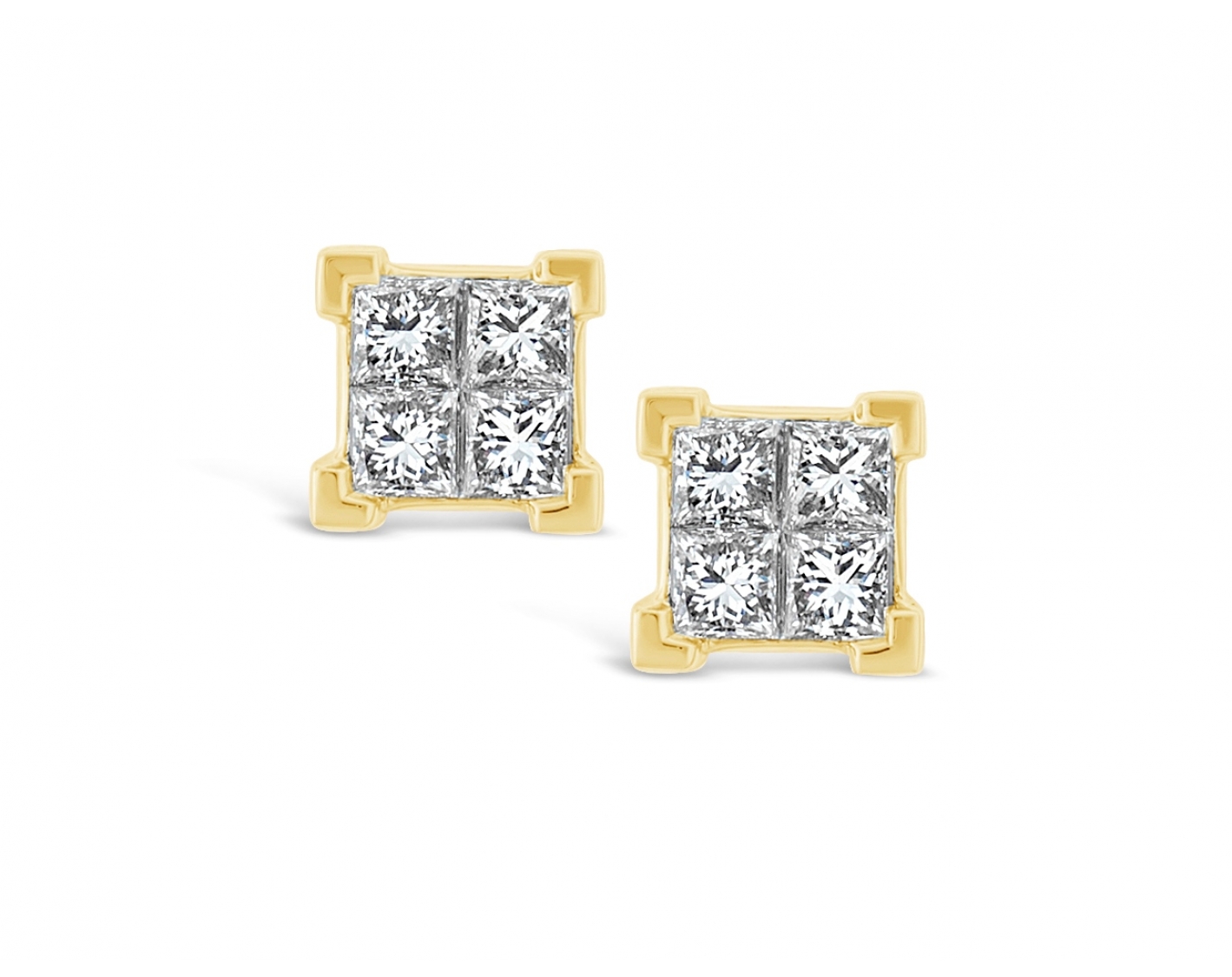 18k yellow gold princess cut invisible set diamond earrings