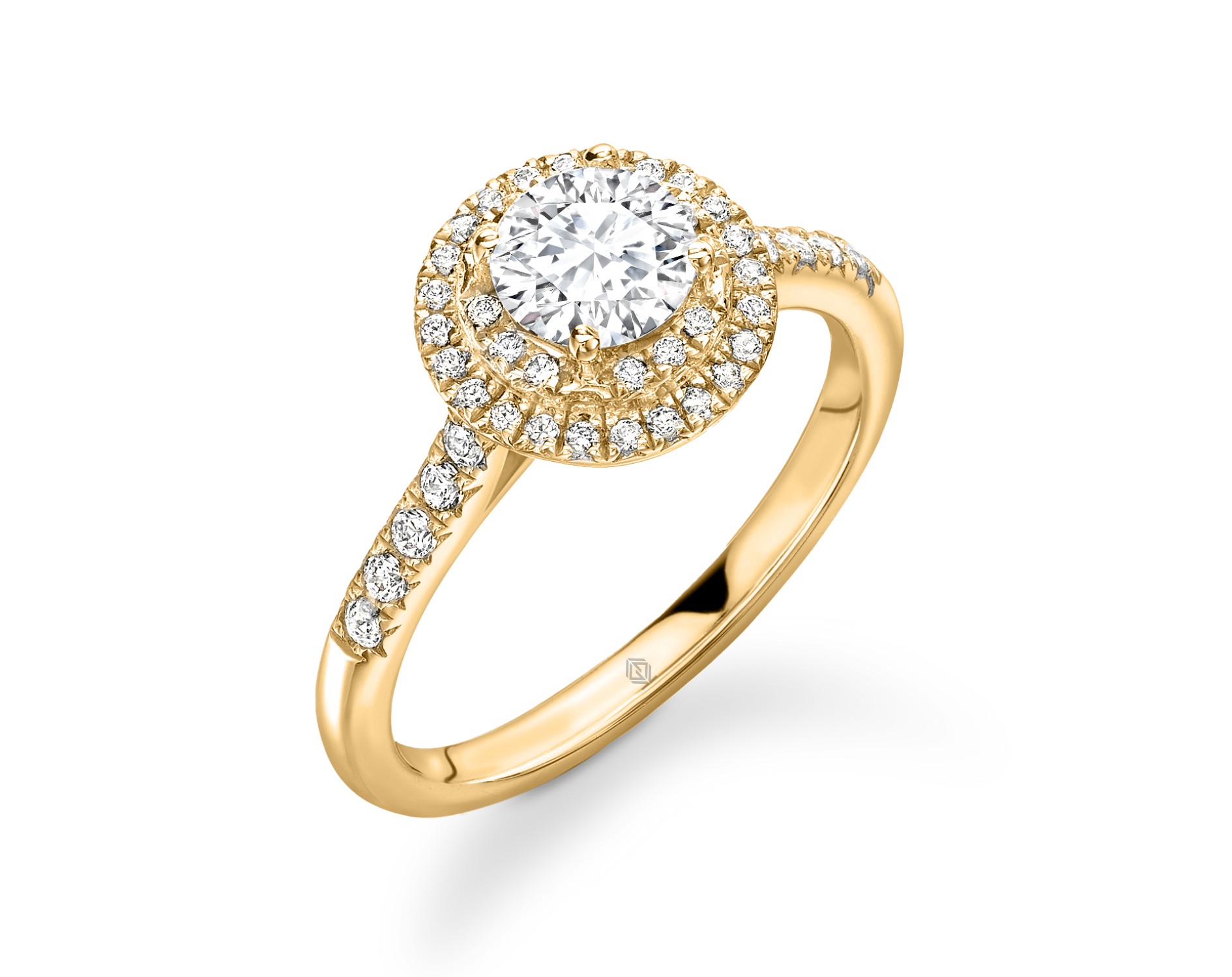 18K YELLOW GOLD DOUBLE HALO ROUND CUT DIAMOND ENGAGEMENT RING WITH SIDE STONES PAVE SET