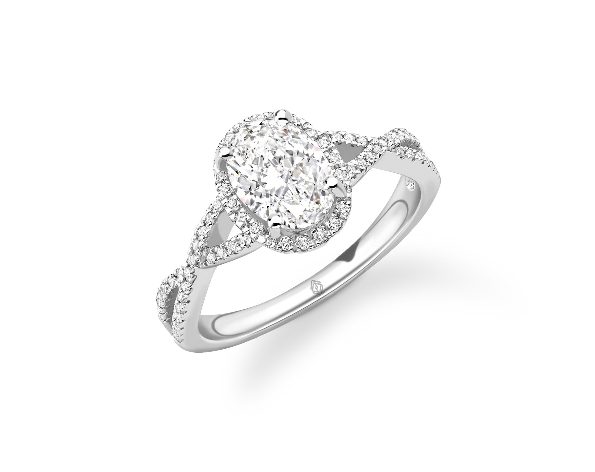 18K WHITE GOLD OVAL CUT HALO DIAMOND ENGAGEMENT RING WITH TWISTED SHANK